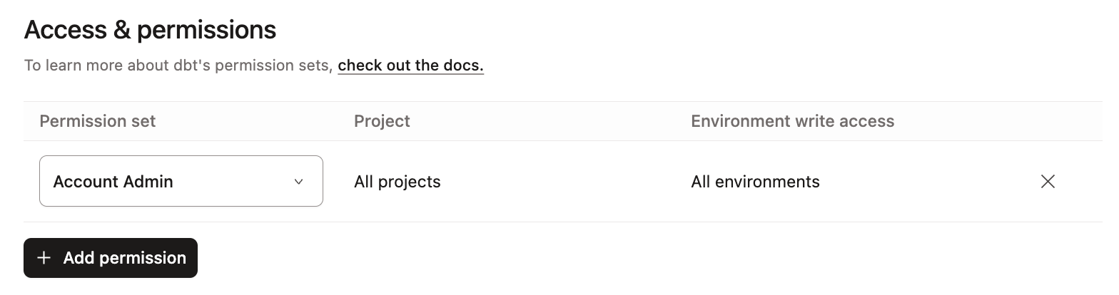 The view of the permissions box if there is no option for environment permissions.