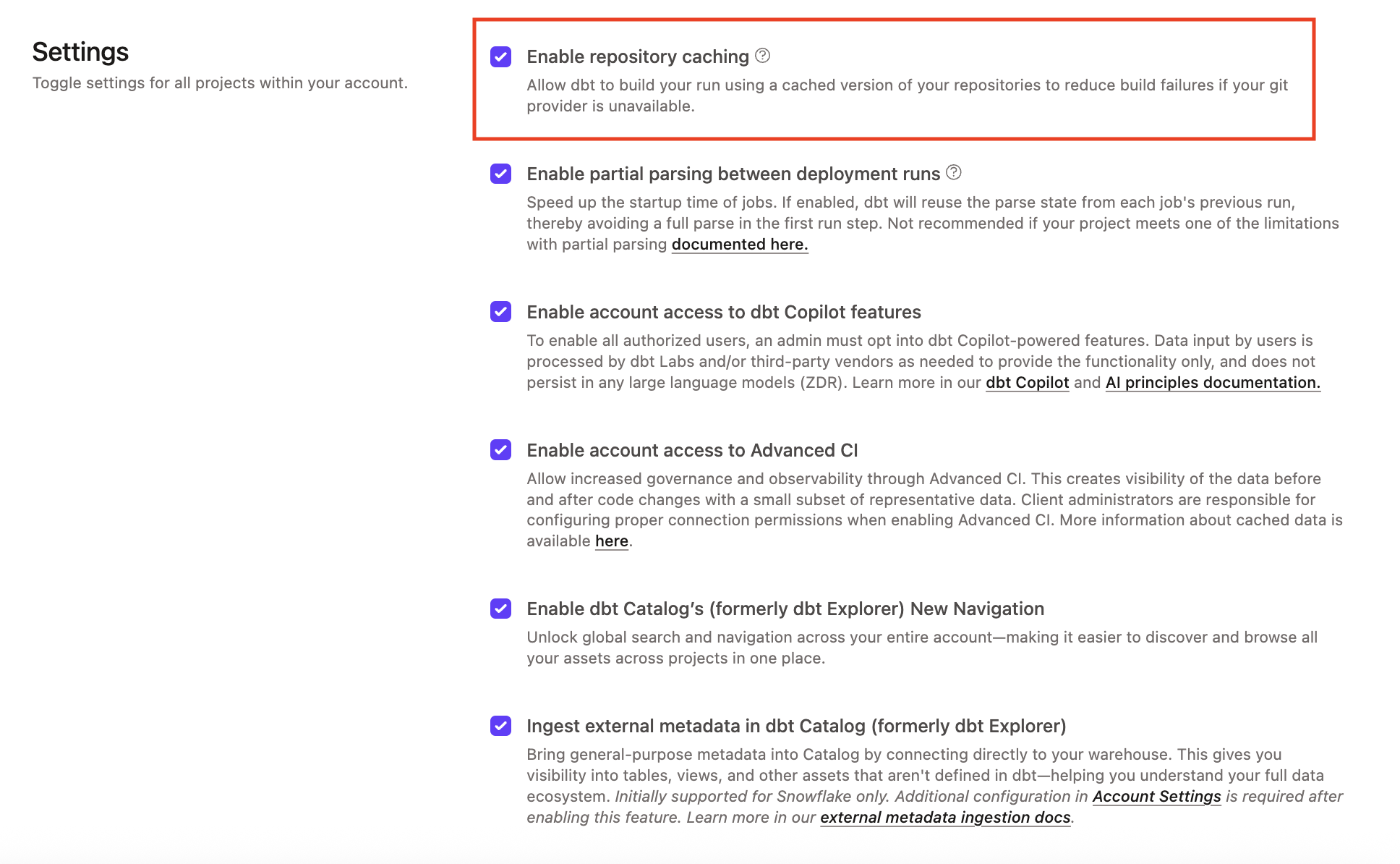 Example of the Enable repository caching option