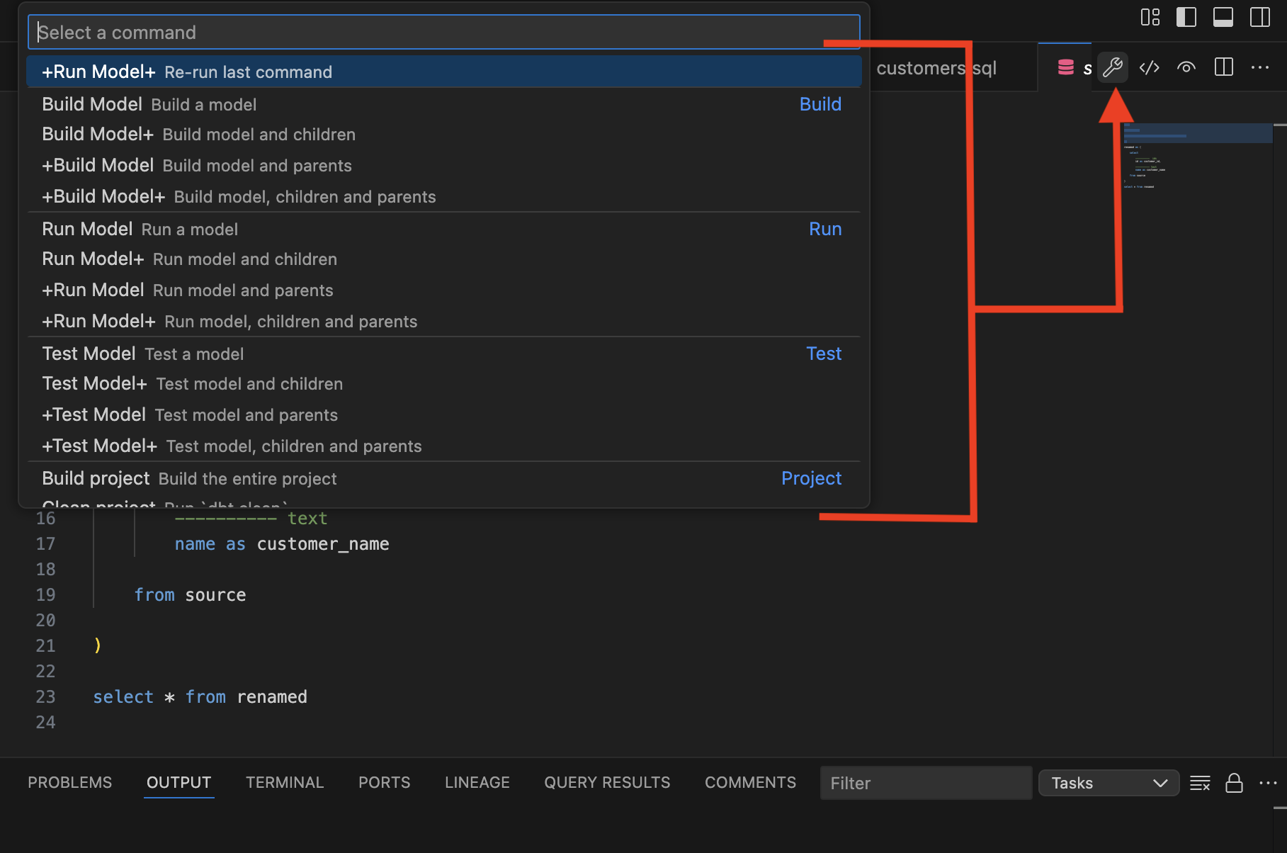 Select a command via the dbt icon. Select a command via the dbt icon.
